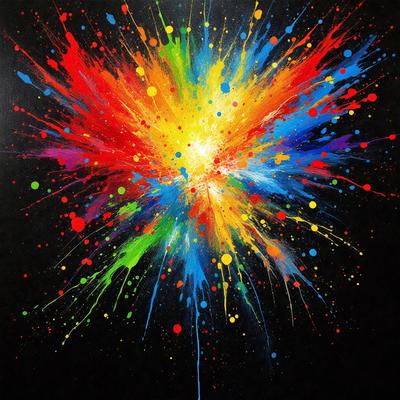The primary subject of the image is a colorful, abstract painting featuring a mix of colors and patterns. The painting is displayed on a black background, which contrasts with the vibrant colors and shapes of the artwork. The visual style of the painting is a combination of digital art and illustration, creating a unique and eye-catching piece of art. The dominant colors in the painting are a mix of red, yellow, green, and blue, which contribute to the lively and energetic atmosphere of the artwork.